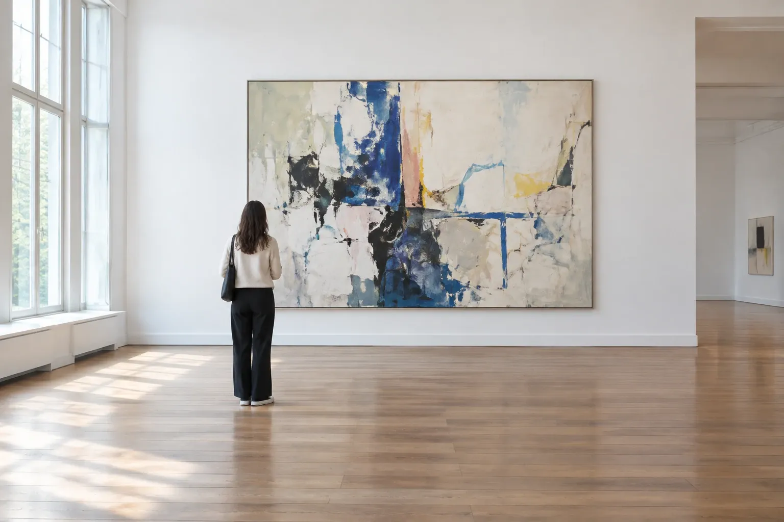 Bezoeker kijkt naar een groot abstract schilderij in een lichte galerijzaal