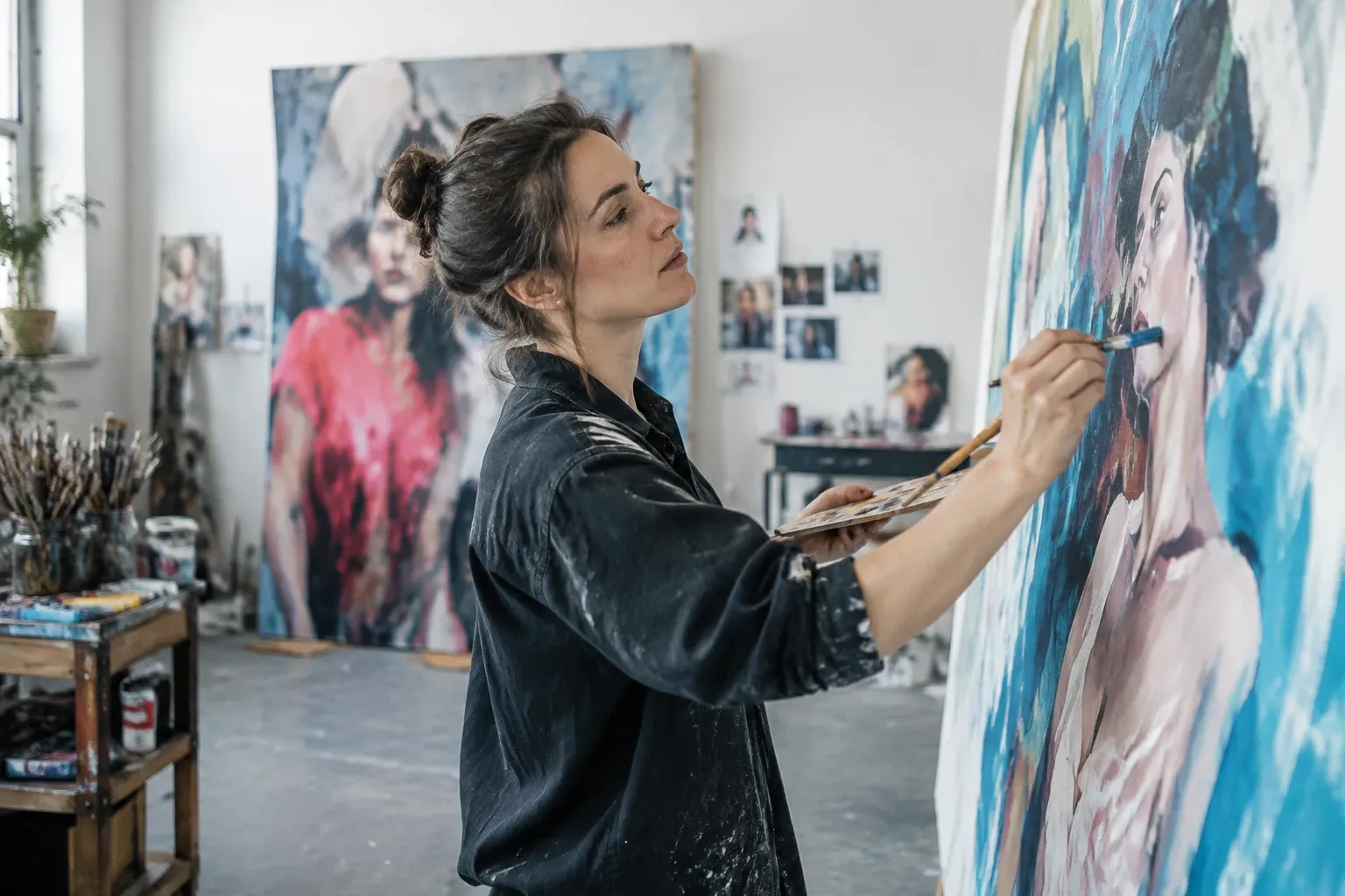 Vrouwelijk kunstenares schildert met penseel op groot figuratief doek in licht atelier