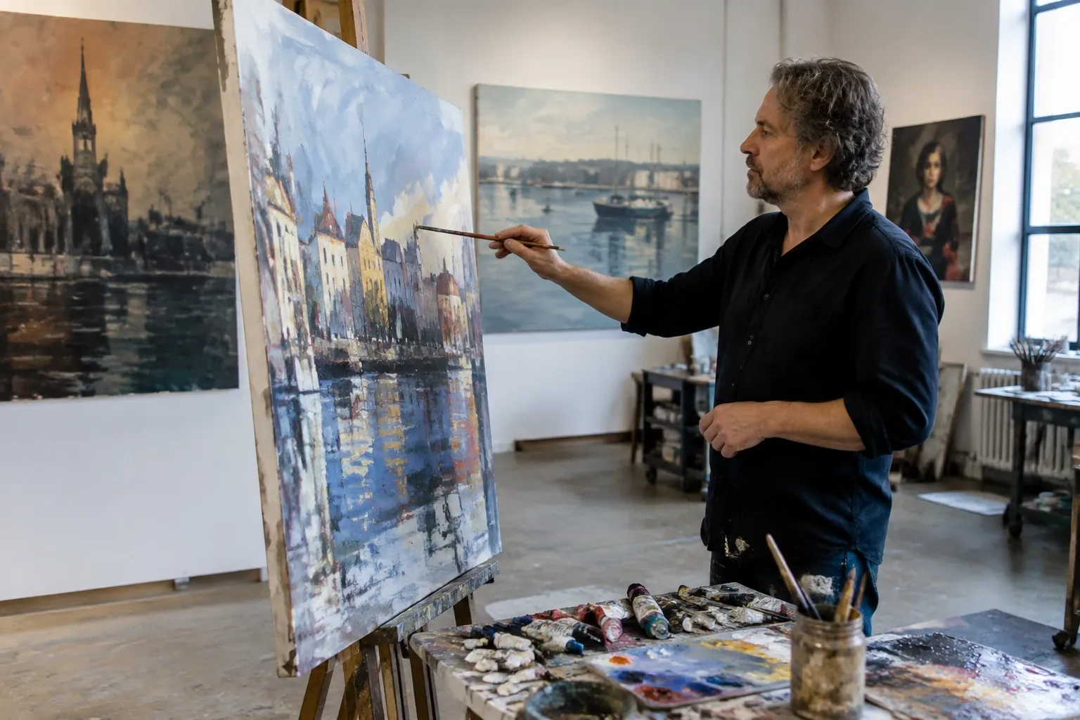 Man schildert stadsgezicht op doek in atelier, palet en penselen op tafel zichtbaar
