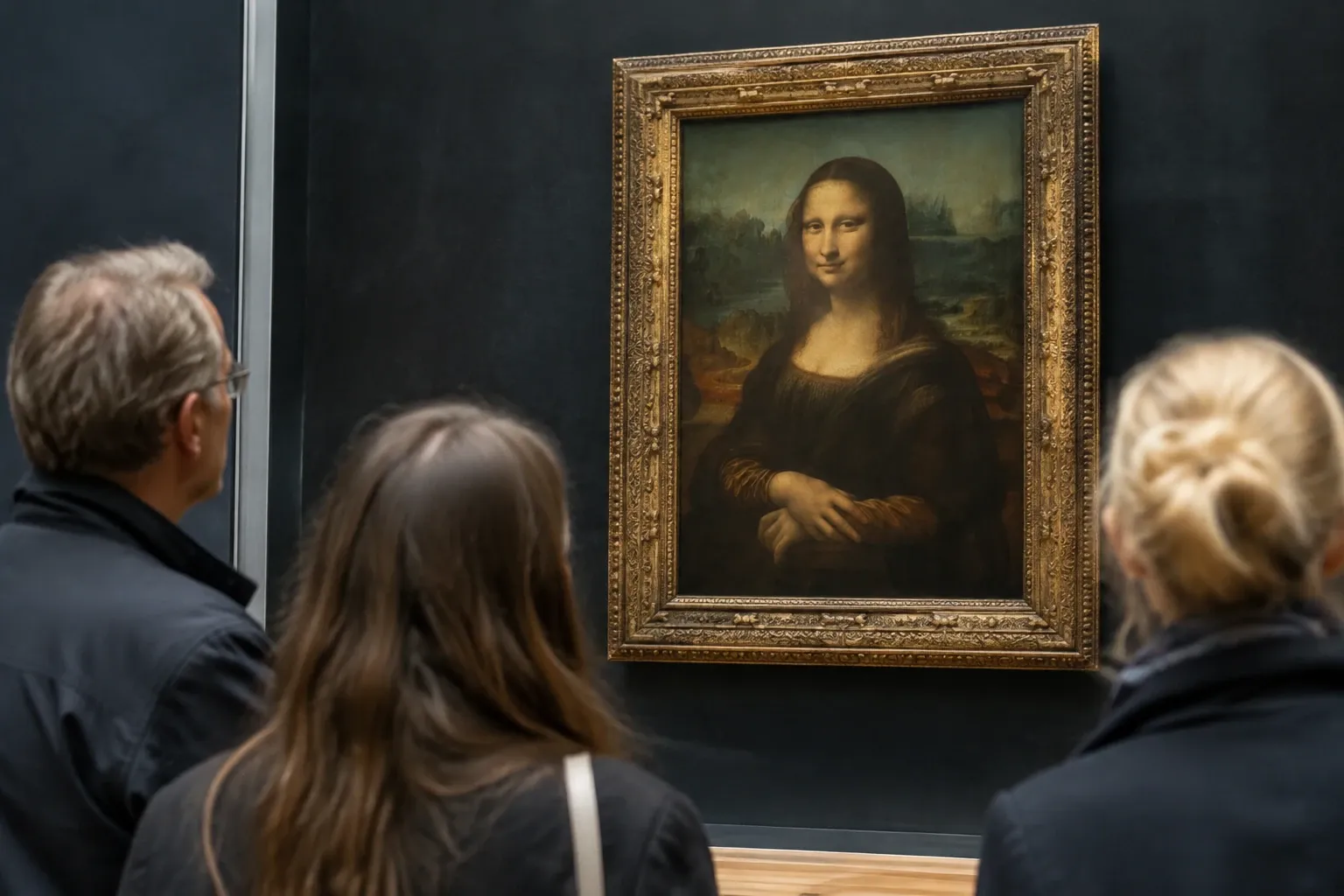Drie bezoekers kijken naar de Mona Lisa in gouden lijst in museumzaal