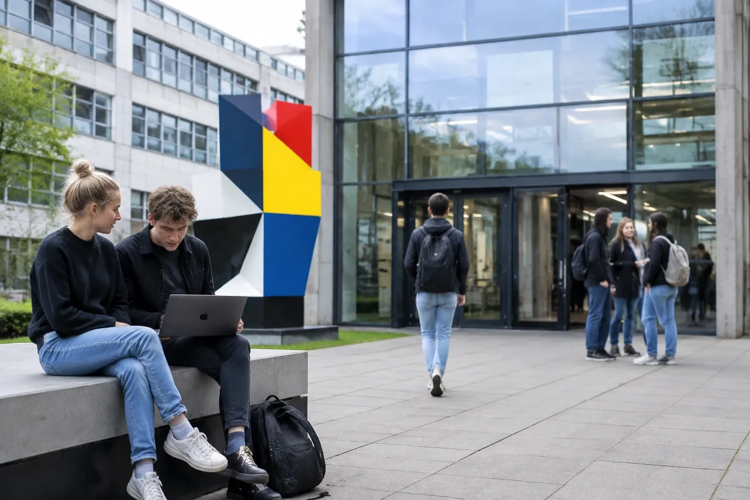 Twee studenten met laptop op bankje voor glasgevel gebouw, kleurrijk kunstwerk op plein