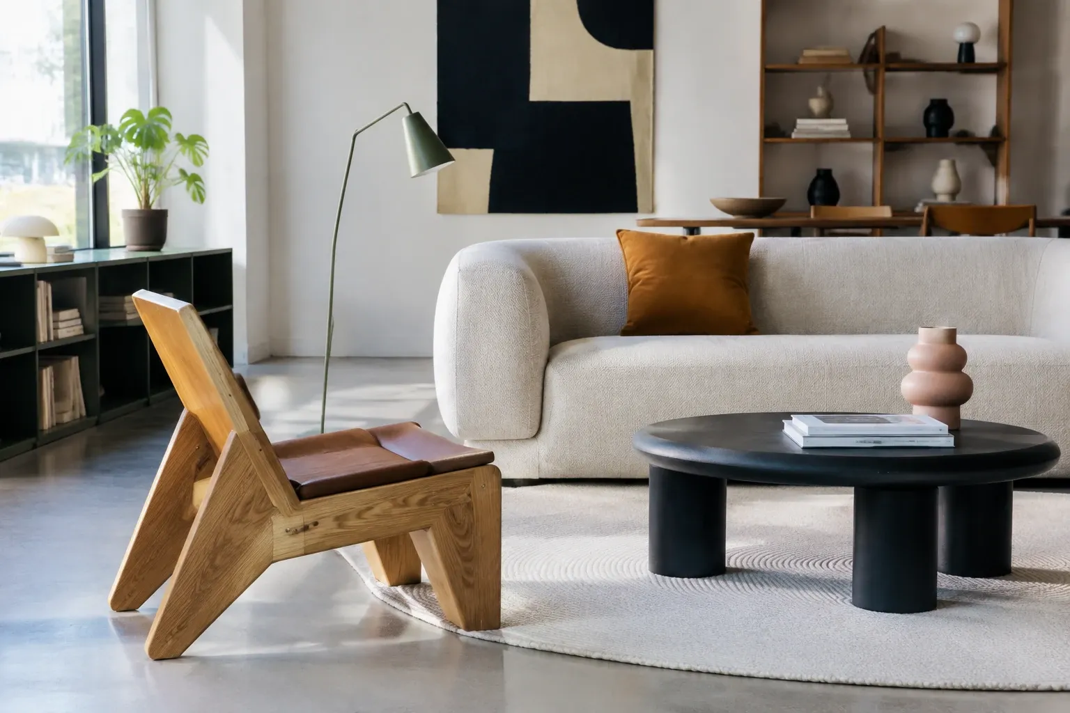 Licht interieur met wit gevormde bank, houten stoel, ronde zwarte salontafel en vloerlamp