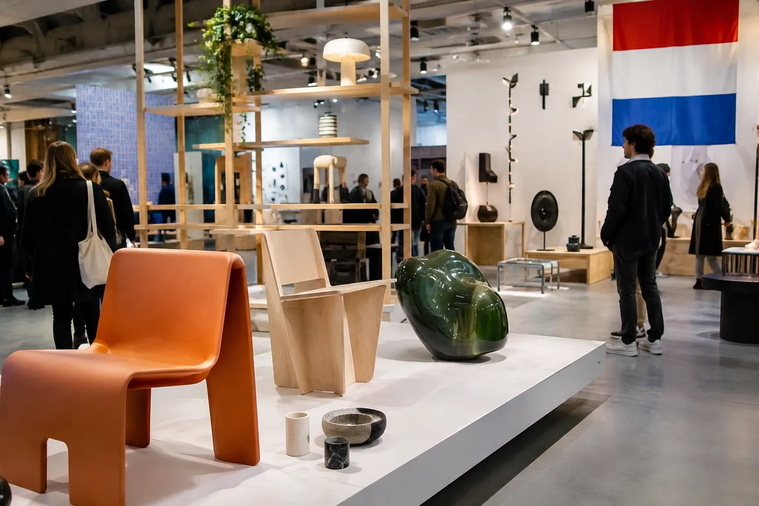 Tentoonstellingsruimte met ontwerpstoelen en objecten op podium, bezoekers en Nederlandse vlag in achtergrond