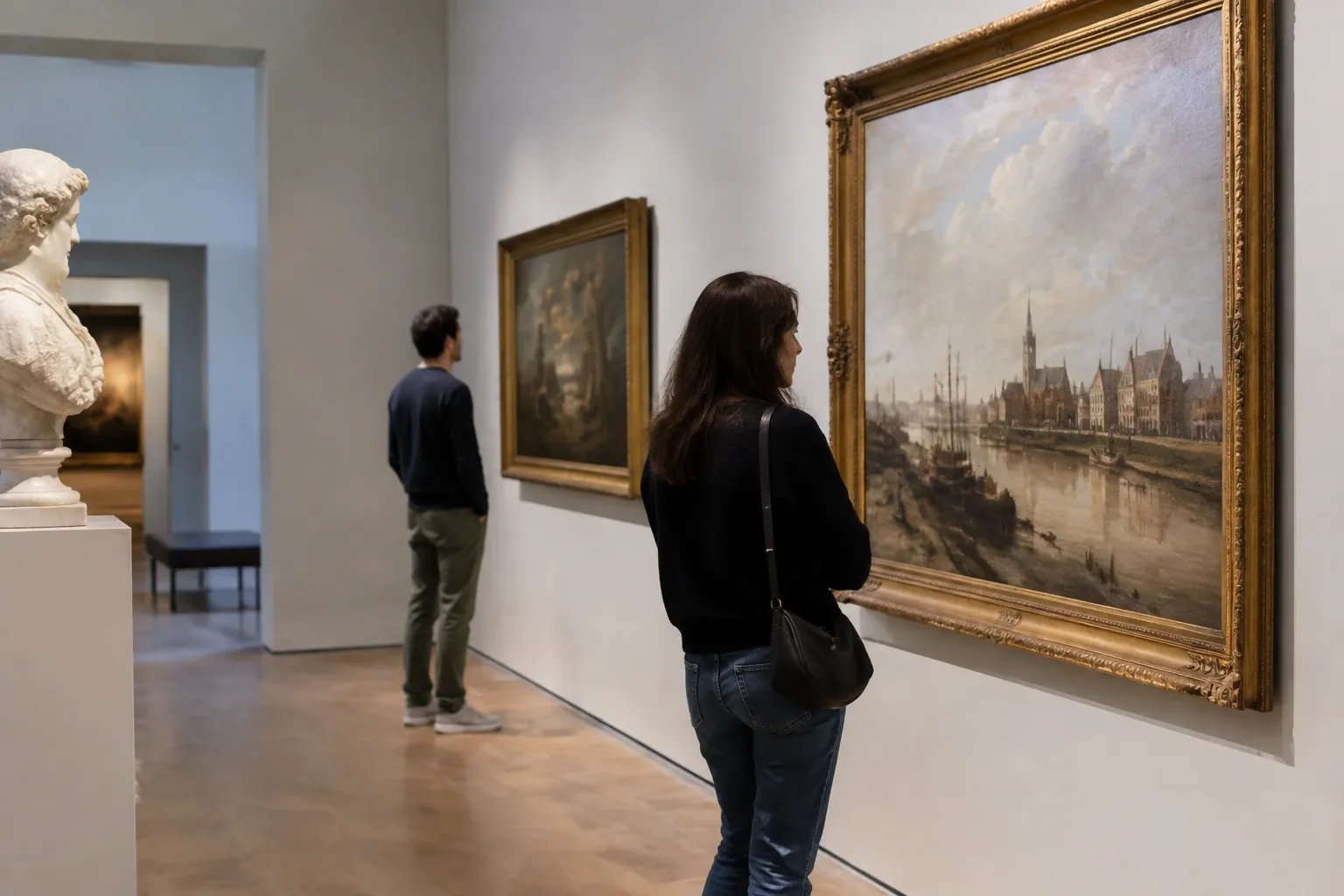 Bezoekers bekeken schilderijen en marmeren buste in rustig verlicht museuminterieur