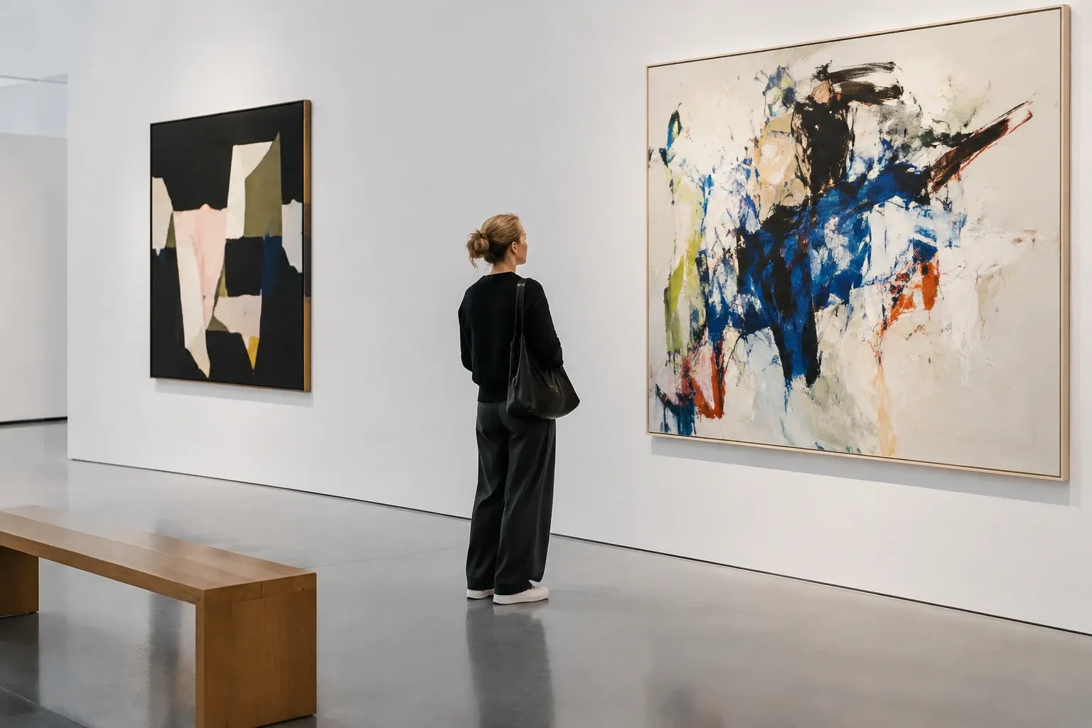 Vrouw bekijkt groot abstract schilderij met blauw, zwart en rode accenten in galerie