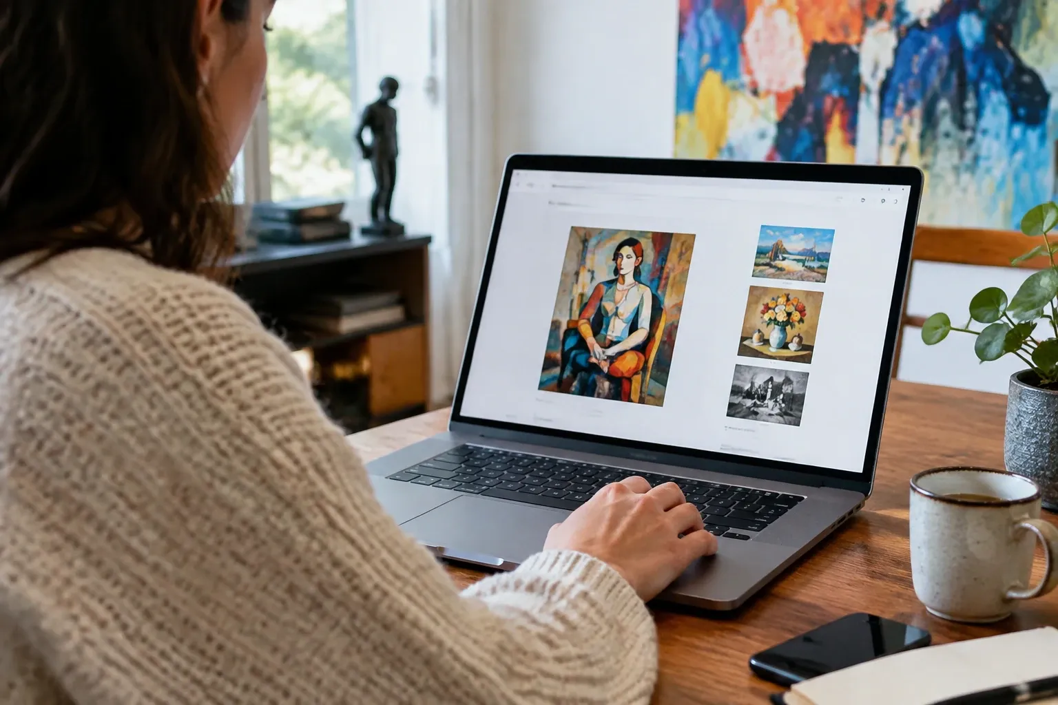 Vrouw bekijkt kunstwerken op laptop thuis, tafel met mok en plant