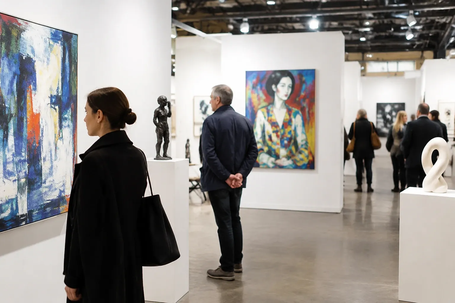 Bezoekers in hal bekijken schilderijen en sculpturen tijdens kunstbeurs tentoonstel ling