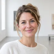 Portret van een glimlachende vrouw met opgestoken bruin haar en een witte trui in een lichte galerijzaal