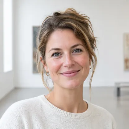Portret van een glimlachende vrouw met opgestoken bruin haar en een witte trui in een lichte galerijzaal