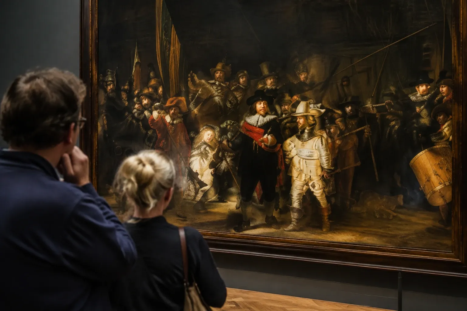 Bezoekers kijken naar Rembrandts painting De Nachtwacht in donker museumlicht