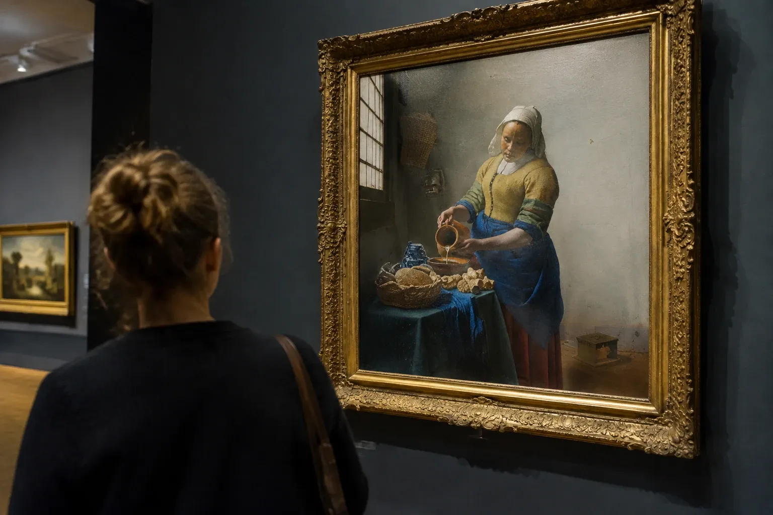 Bezoekers zien schilderij De Melkmeid aan donker museumwandlicht