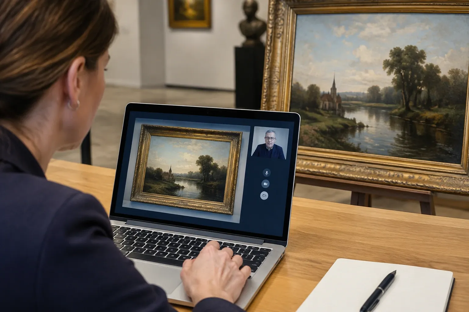 Vrouw achter laptop taxeert klassiek schilderij via videobelconsult in galerie