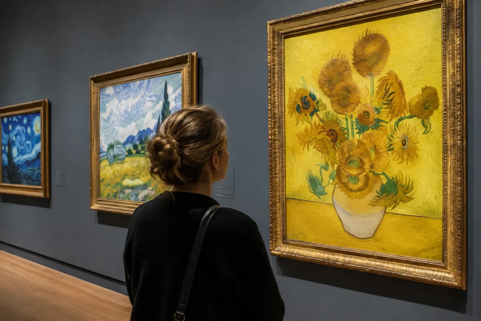 Vrouw kijkt naar ingelijst schilderij Zonnebloemen van Van Gogh in museumzaal